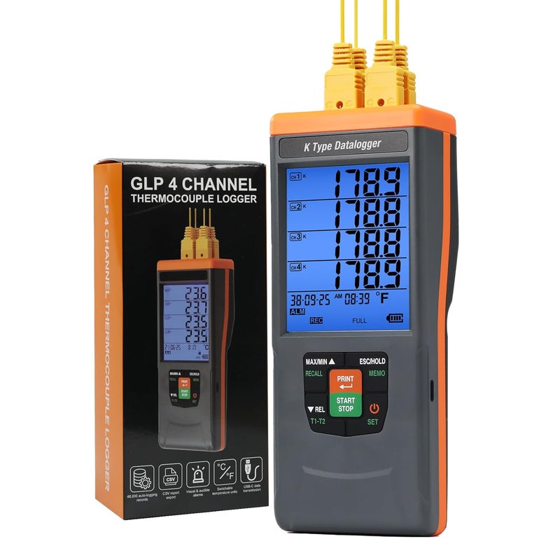 DANOPLUS Thermocouple Thermometer Temperature Data Logger, 4 Channels K Type Thermometer with 48,000 Groups Data Records, Temperature Logger with -328~2498℉ Measuring Range, Buzzer & Visible Alarm, Date&Time - Image 1